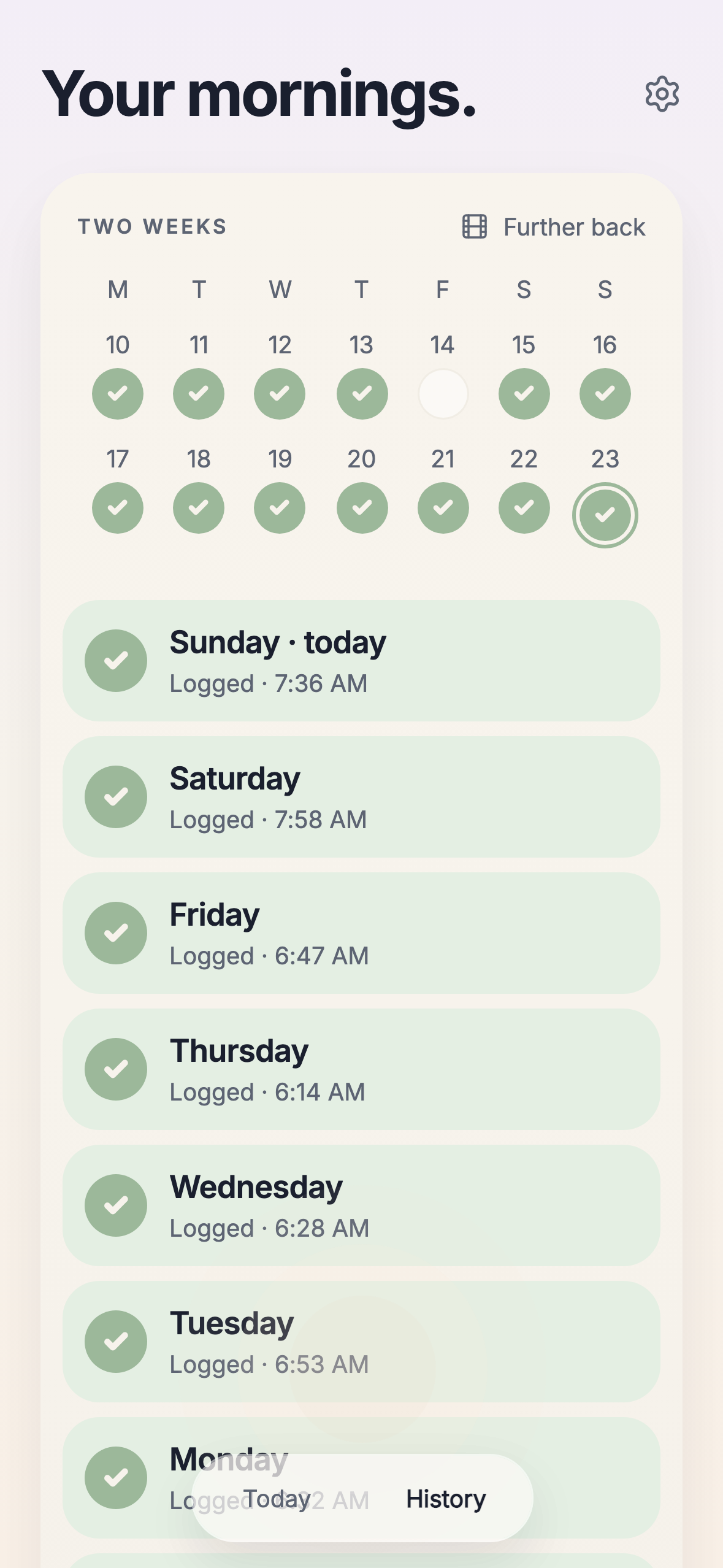 The current Morning Light journal, showing two weeks of mornings.