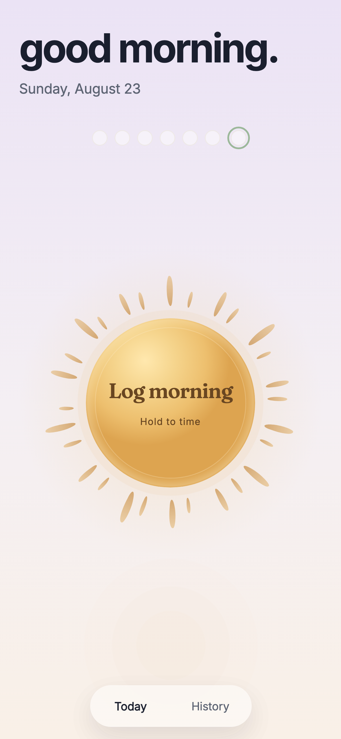 The current Morning Light home screen with a golden sun to log your morning.